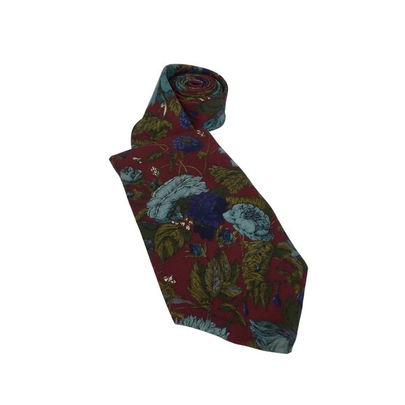Vintage Bugatti Floral Neck Tie 100% Italian Silk Maroon Blue Flowers MadeIn USA - Picture 2 of 7